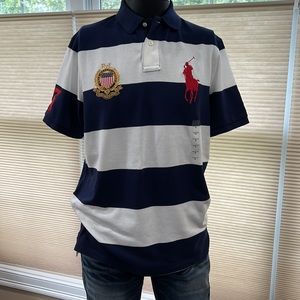 Polo Ralph Lauren Embroidered Crest Flag Big Pony Polo Shirt Blue White Striped